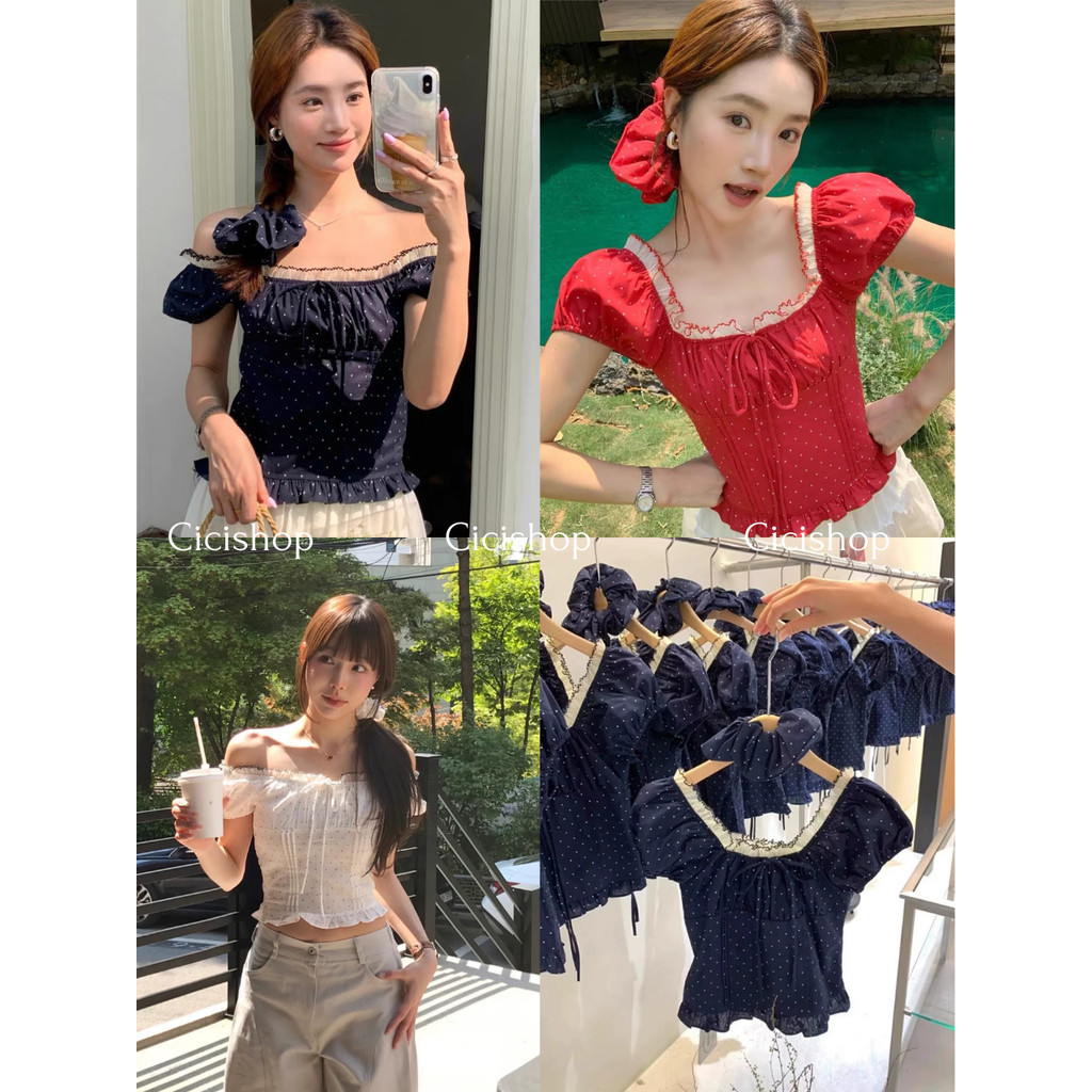 Cicishop(J2182) เสื้อแขนตุ๊กตาลาย Polka dot สม็อคหลังเข้ารูป แถมยางมัดผมเข้ากับชุด สไตล์สาวญี่ปุ่น