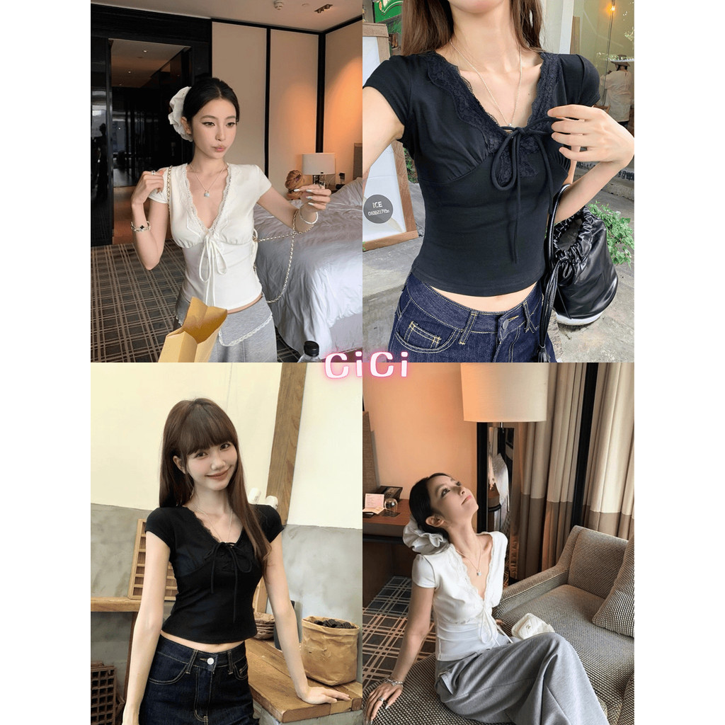 ส่งทันทีCici(NO. Y6326) เสื้อยืดคอแขนสั้น ทรงรัดรูป แต่งลวดลายลูกไม้ มีกิมมิคผูกโบว์ตรงกลาง หวานๆป่นแซ่บ สไตล์หน้าร้อน