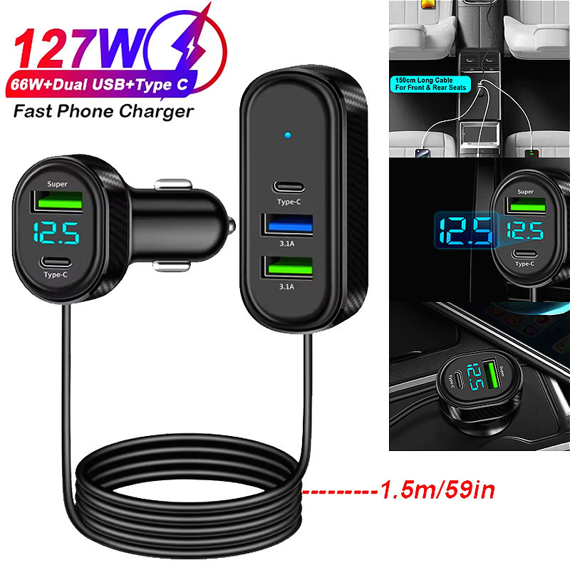 66W 5 in 1 Car Charger USB Charger 150 ซม.สายยาว 12V/24V Universal Multi Port Universal Splitter