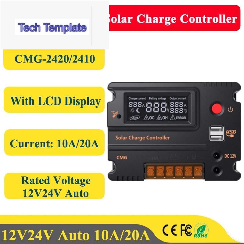 MPPT/ PWM Solar Controller 20A 10A 12Vdc 24Vdc แผงพลังงานแสงอาทิตย์แบตเตอรี่ตัวควบคุมการชาร์จ USB 5V