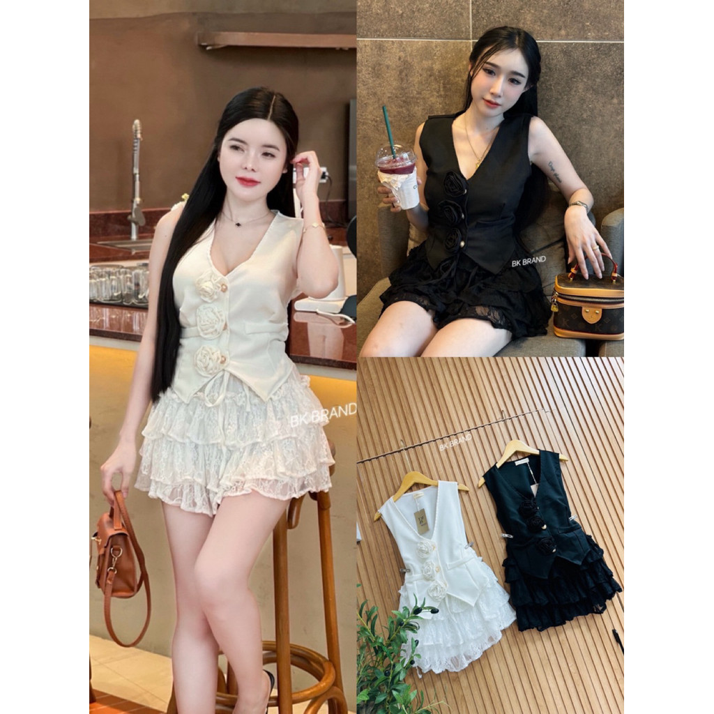 BK 01 BK BRAND เซ็ตเสื้อกั๊กผ้าพื้นติดกระดุมมุกแต่งดอกกุหลาบ กระโปรงชั้นลูกไม้