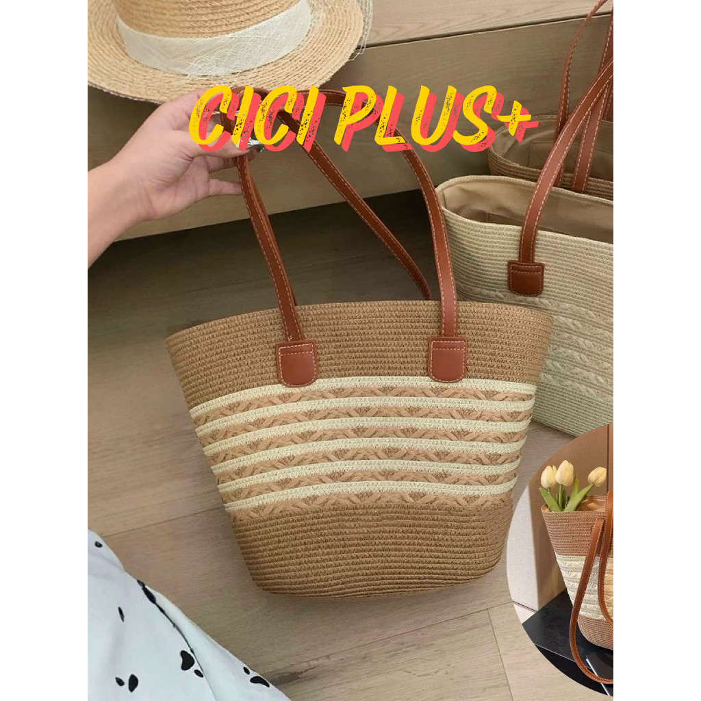 CiCi Plus+(A137) กระเป๋าสานทอ ใบใหญ่ สะพานข้าง ใส่ของได้เยอะ พกพาง่ายใส่ไปทะเลหรือไปเที่ยววันหยุด