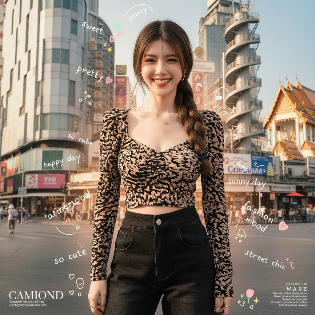ꕥCatalog Fashionꕥ เสื้อแฟชั่นแขนยาวลายเสือ ทรงคอกว้างลึก