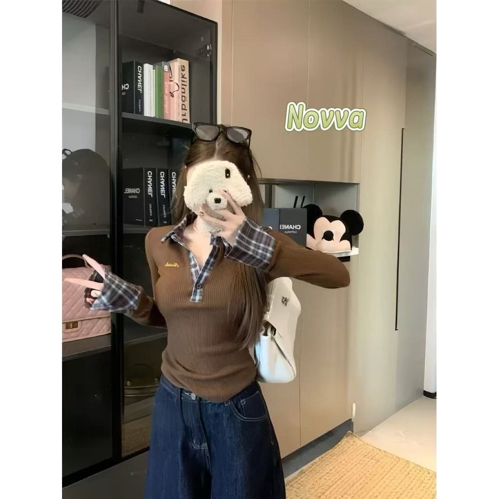 ส่งจากไทยทุกวัน เสื้อยืดผู้หญิง แขนยาว คอโปโล สไตล์ย้อนยุคแบบอเมริกัน👚Novva