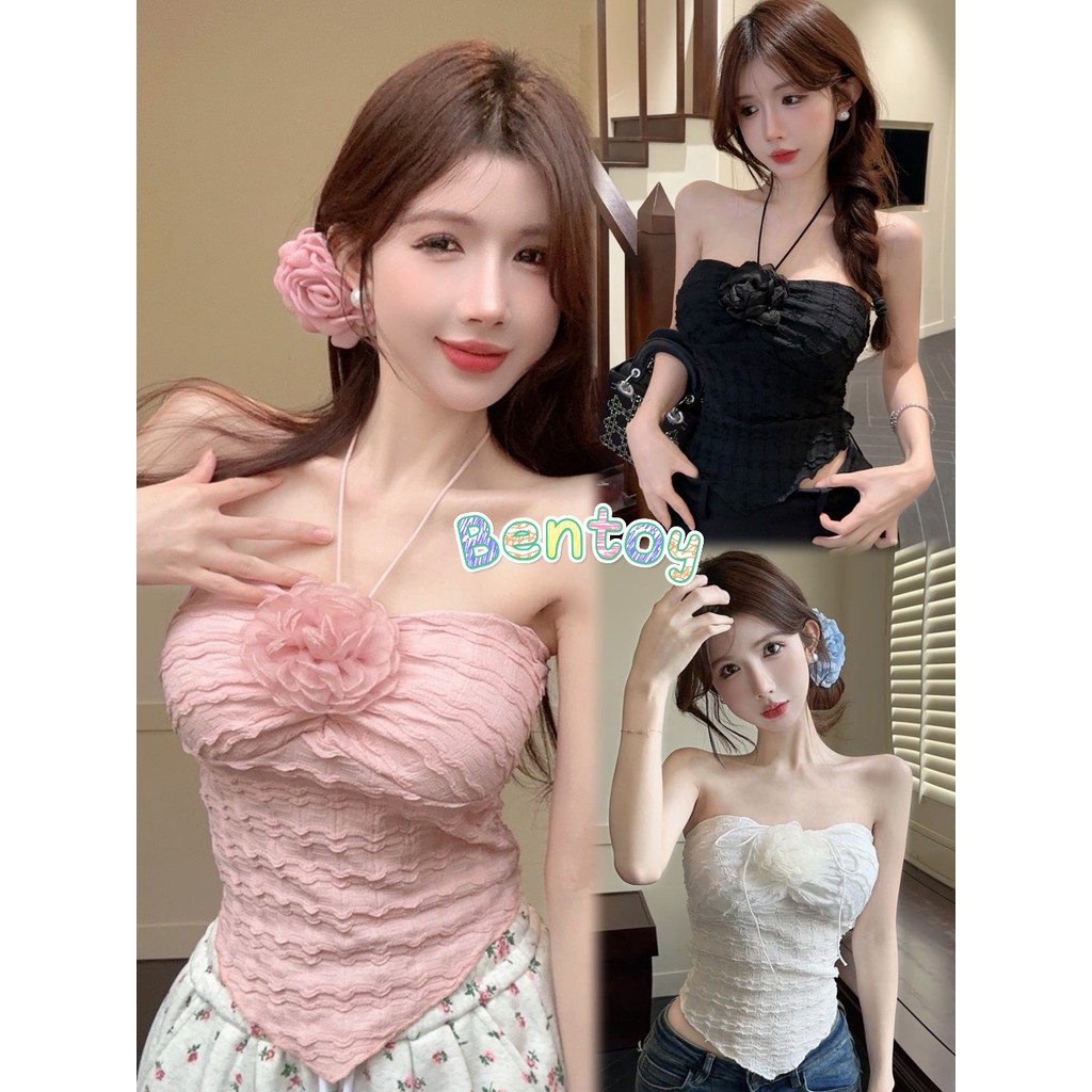 Bentoy(bratop2248)เสื้อเกาะอก มีฟองน้ำ jisoo flowerดีเทลสายห้อยคอ สม็อคหลัง แต่งดอกใหญ่หน้าอก ชายสามเหลี่ยม รัดรูป