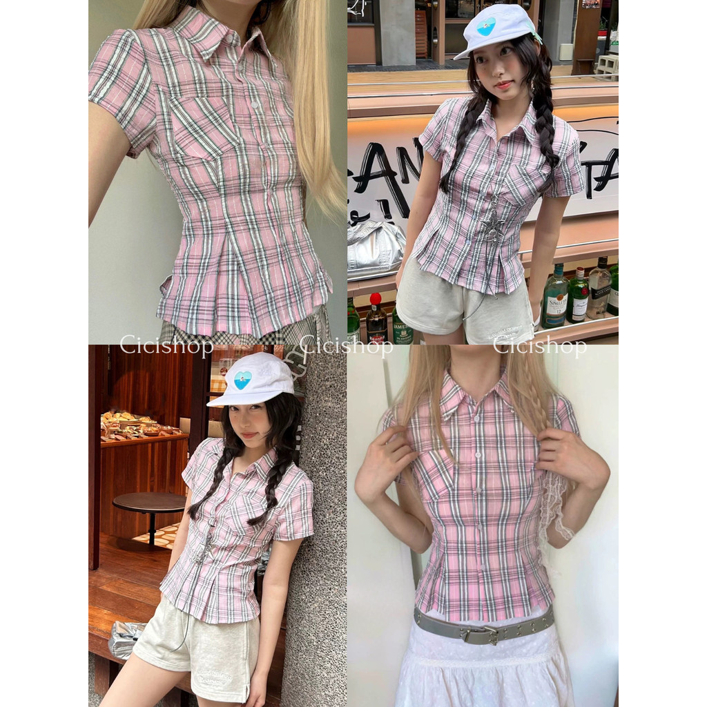 Cicishop(3403) เสื้อแขนสั้นลายตารางสุดฮิต กระดุมสามารถแกะใช้งานได้จริง สีสันน่ารักคิ้วท์ๆ สีสวยจึ้งๆ