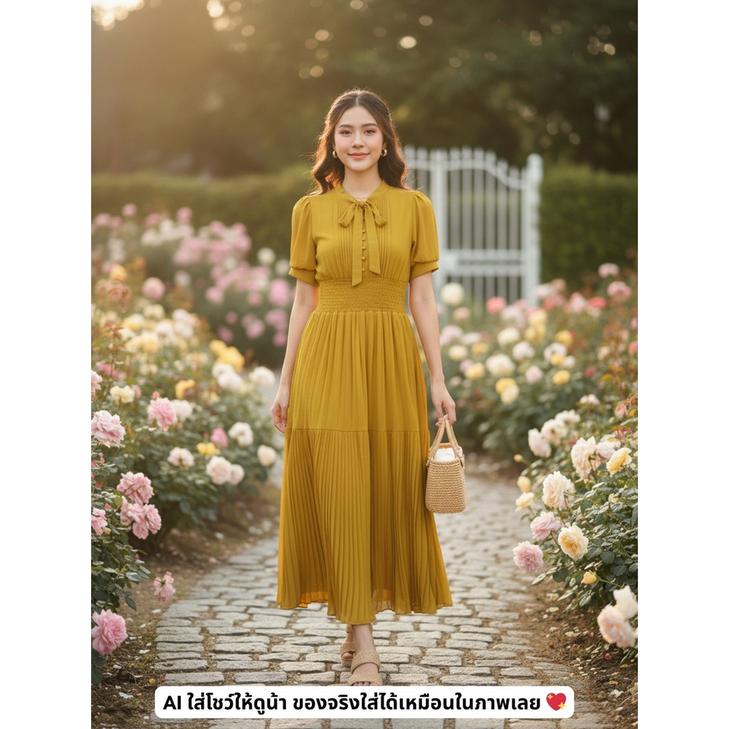 เดรสพลีทสีเหลือง แขนตุ๊กตาเอวสม็อค ทรงพริ้วสไตล์เกาหลี ใส่เที่ยว/คาเฟ่
