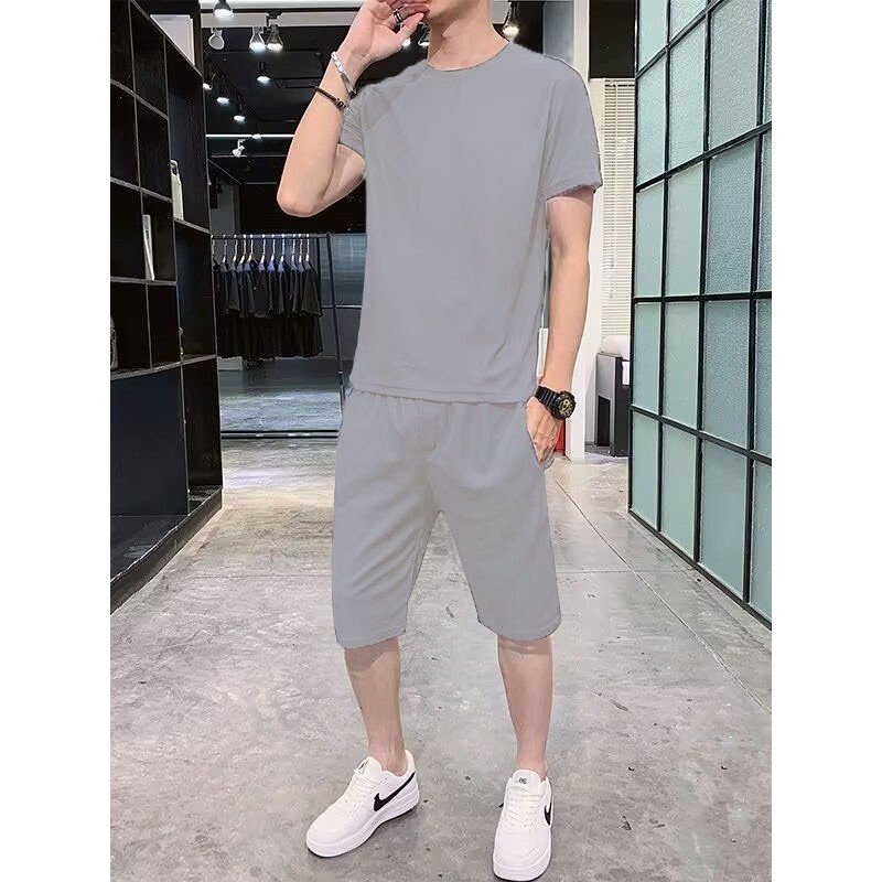 ชุดเซทผู้ชายฤดูร้อน สินค้าใหม่ สไตล์เกาหลี ผ้าไหมน้ำแข็ง  ชุดเซทสองชิ้นแขนสั้นและกางเกงขาสั้น LZ-TZ001