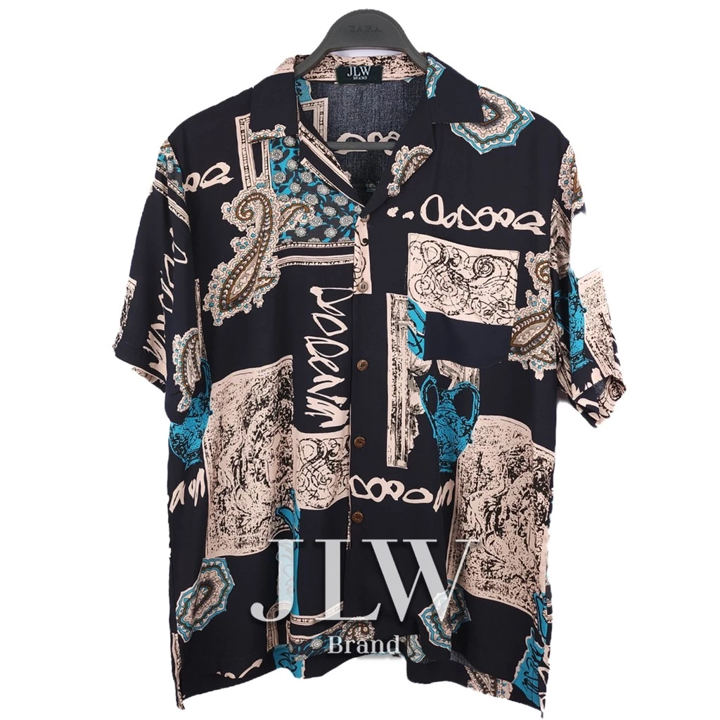 เสื้อฮาวาย ลายกรอบทอง กรม ผ้านิ่ม M L XL Oversize คอฮาวาย JLW BRAND