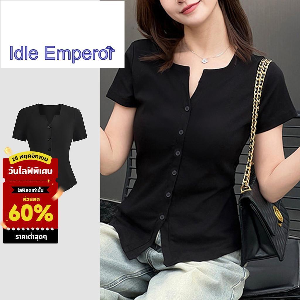 Lovito สบายๆปุ่มธรรมดาแยกด้านหน้าฤดูใบไม้ผลิ/ฤดูร้อนสีดําเสื้อยืดสําหรับผู้หญิง L135A2D216