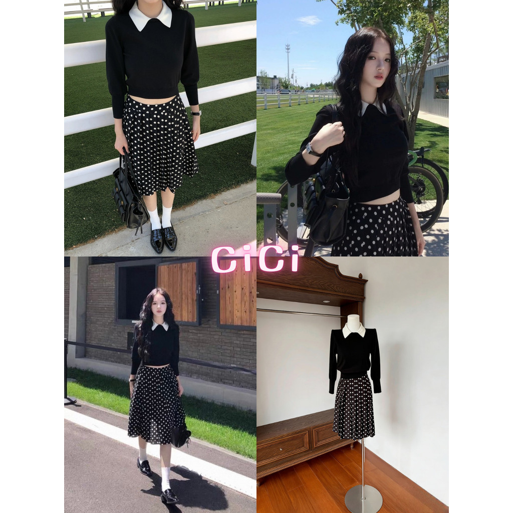 ส่งทันทีCici(NO. A2956/2545)เสื้อไหมพรมแขนยาวคอปกสีขาวและกระโปรงพลีทลายจุดPolkaDots เรียบๆน่ารักๆ ใส่ได้ทุกโอกาส(ขายแยก)