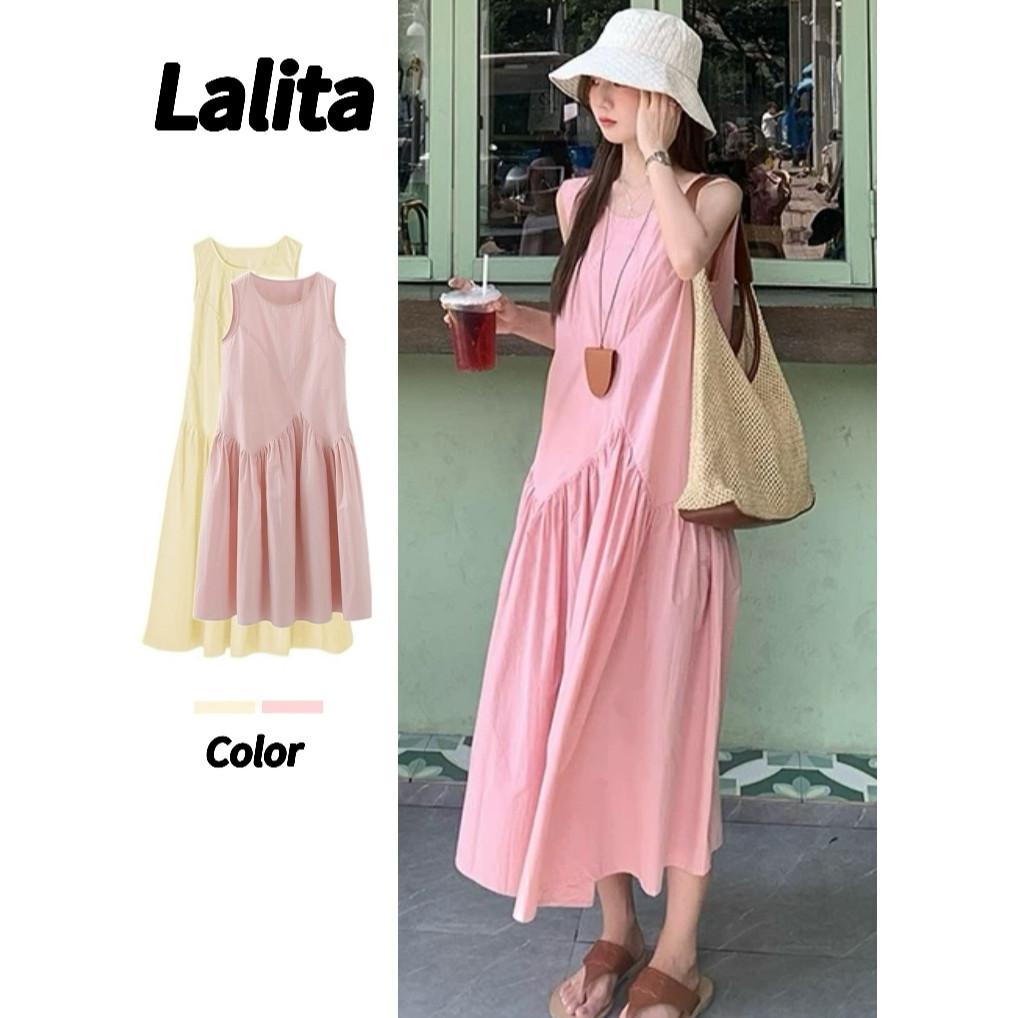 Lalita ชุดเดรสยาว เดรสคอกลม เดรสแขนกุด ชุดเที่ยวทะเล เนื้อผ้าใส่สบาย เดรสทรงหลวม ชุดไปคาเฟ่ ชุดสวย