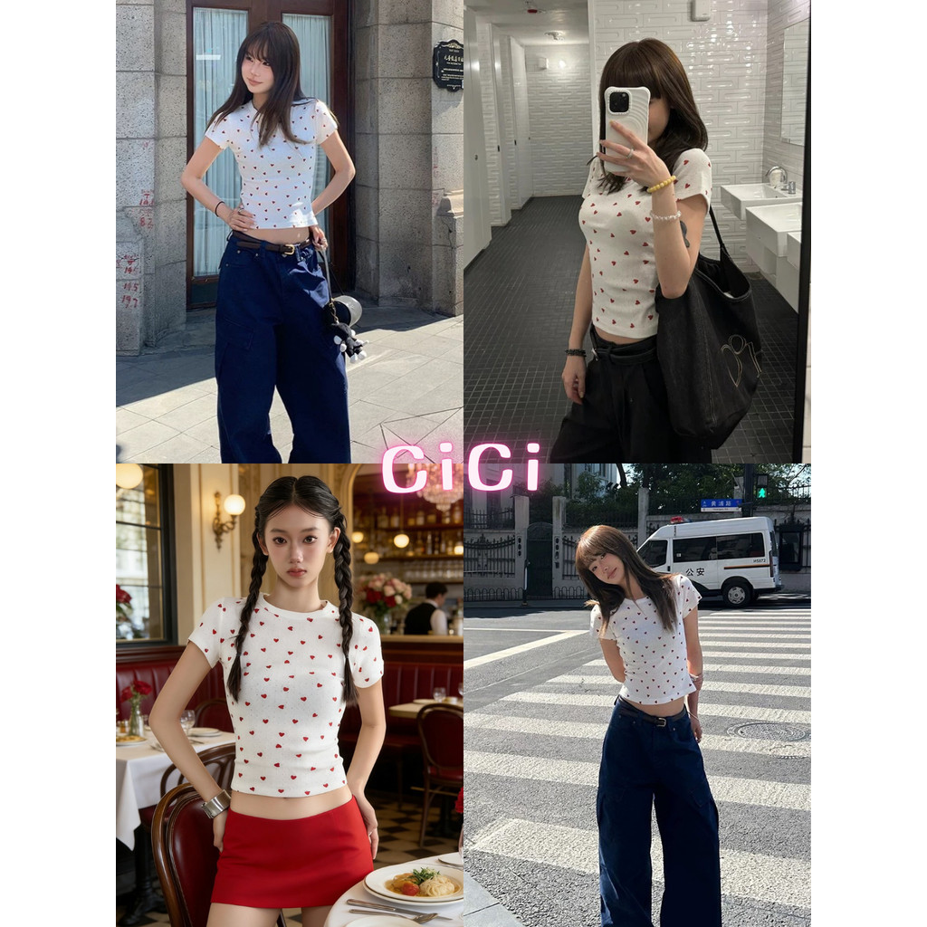 ส่งทันทีCici(NO. J2379) เสื้อแขนสั้นสม็อคหลัง ดีเทลแต่งลูกไม้ฉลุ พิมพ์ลายหัวใจ  สไตล์สาวน่ารักวาเลนไทน์