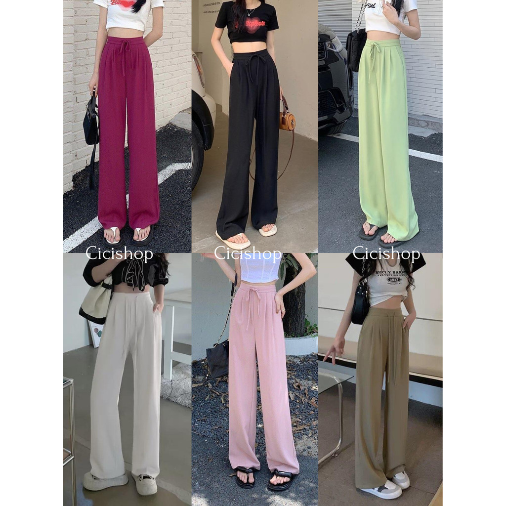 Cicishop(276)กางเกงขายาวทรงกระบอก เอวสม็อคหลัง มีเชือกผูกโบว์สามารถใส่ได้ทุกวัน ใส่ได้บ่อย หลายโอกาส