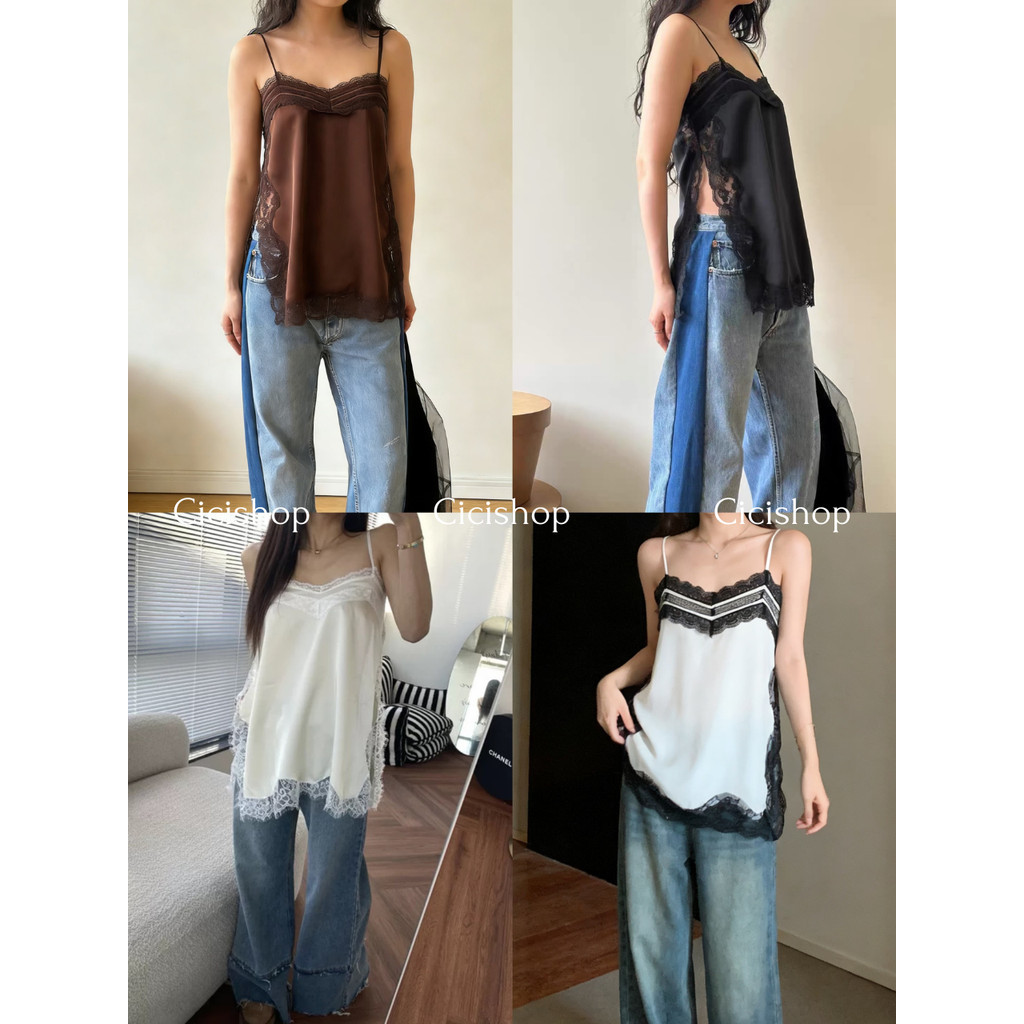 เสื้อสายเดี่ยวลูกไม้ผ่าข้าง สไตล์ฝรั่งเศส คลาสสิก แมทช์ง่าย