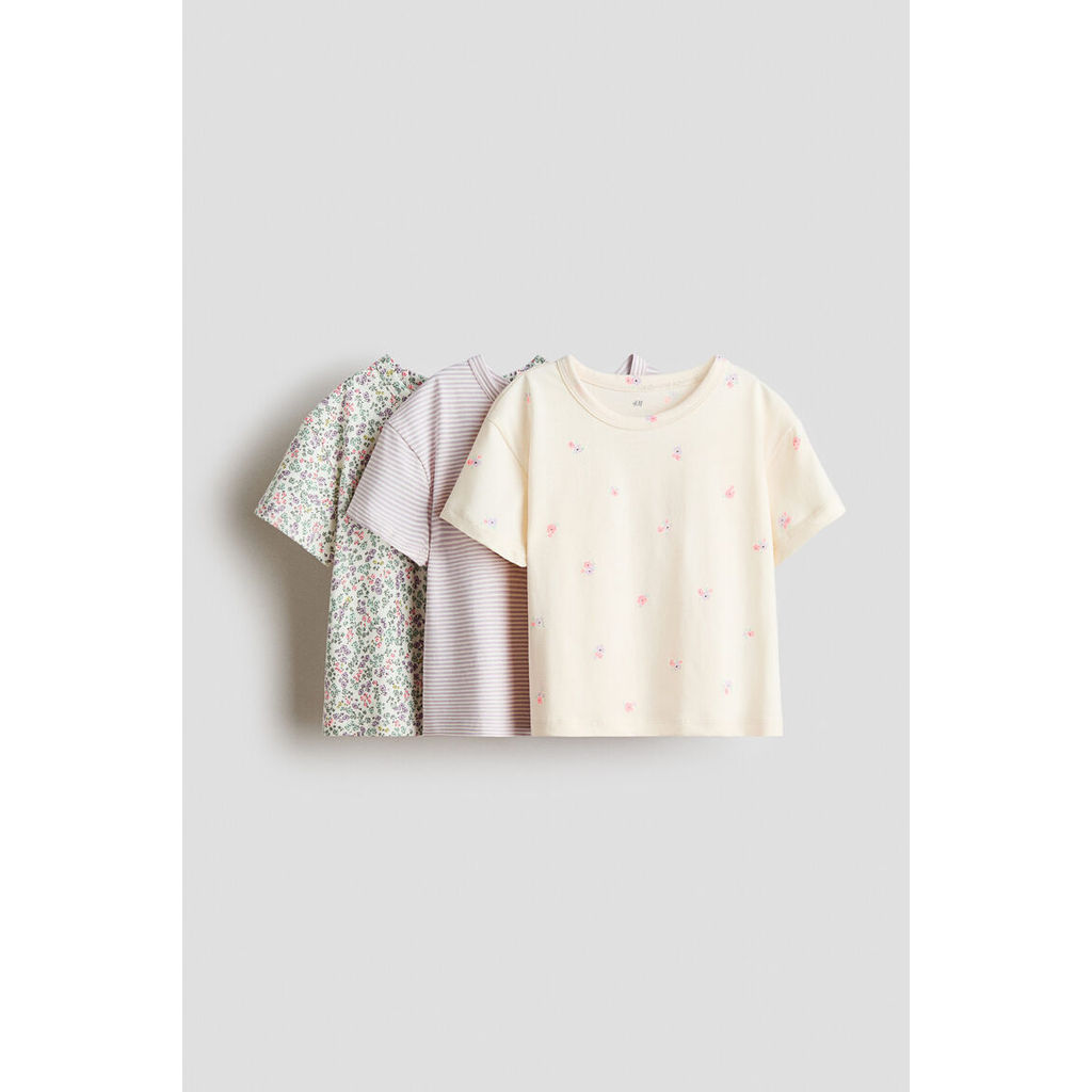H&M(เอชแอนด์เอ็ม) เสื้อคอตตอนพิมพ์ลาย 3 ชิ้น Girls 3-pack printed cotton tops 1331878_1