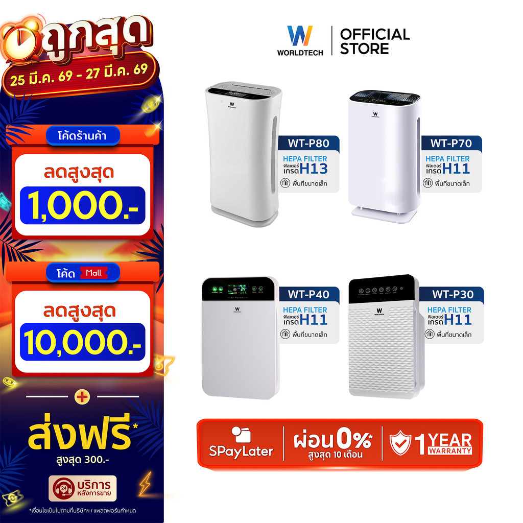 Worldtech เครื่องฟอกอากาศ Air Purifier มอก.รับรอง รุ่น WT-P30-P80 + รีโมท