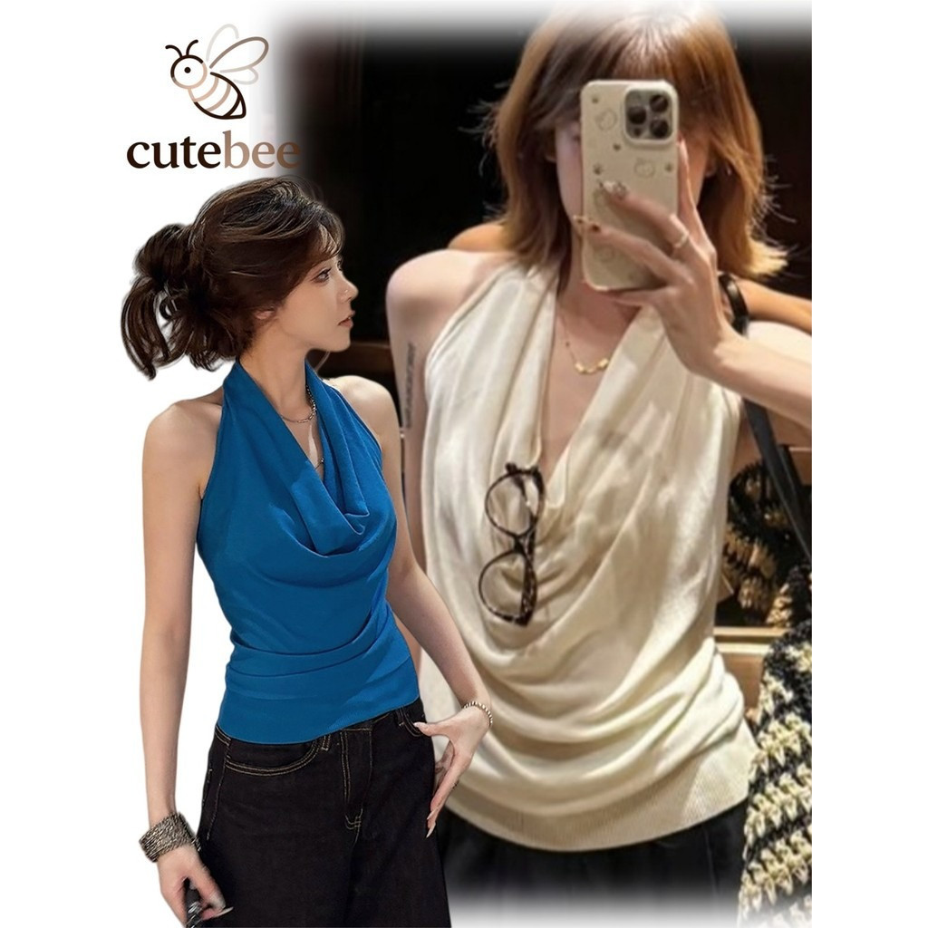 🐝CuteBee🐝26/3 เสื้อคล้องคอ ดีเทลผ้าลูกไม้ด้านหลัง หวานและเซ็กซี่ เสริมฟองน้ำ เสื้อหน้าร้อนผู้หญิง FY