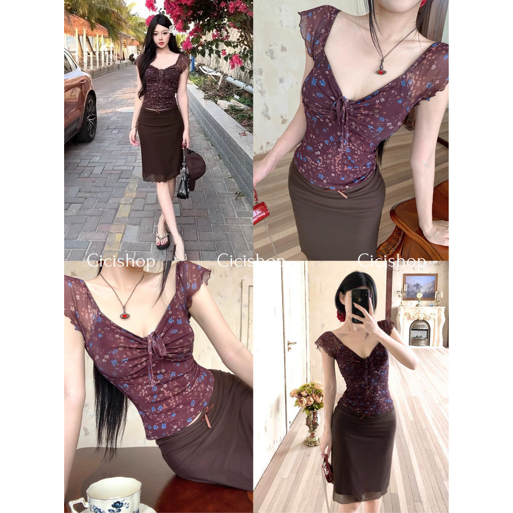 Cicishop(H88157) เสื้อแขนสั้นซีทรูลายดอกมีซับใน ดีเทลเชือกรูดหน้า สไตล์สาวแฟรี่วินเทจ Y2K