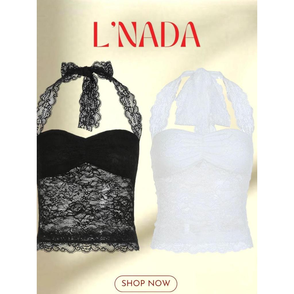 L'NADA【พร้อมส่ง】เสื้อครอปผูก ผ้าลูกไม้ มีฟองน้ำในตัว มีสองสี (2255)
