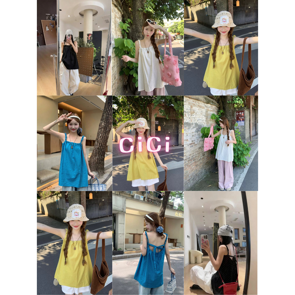 ส่งทันทีCici (No.H88159) เสื้อสายเดี่ยวตัวยาวลายPolkadot ดีเทลผูกหลัง สม็อครอบอก สไตล์สาวเวียดนาม