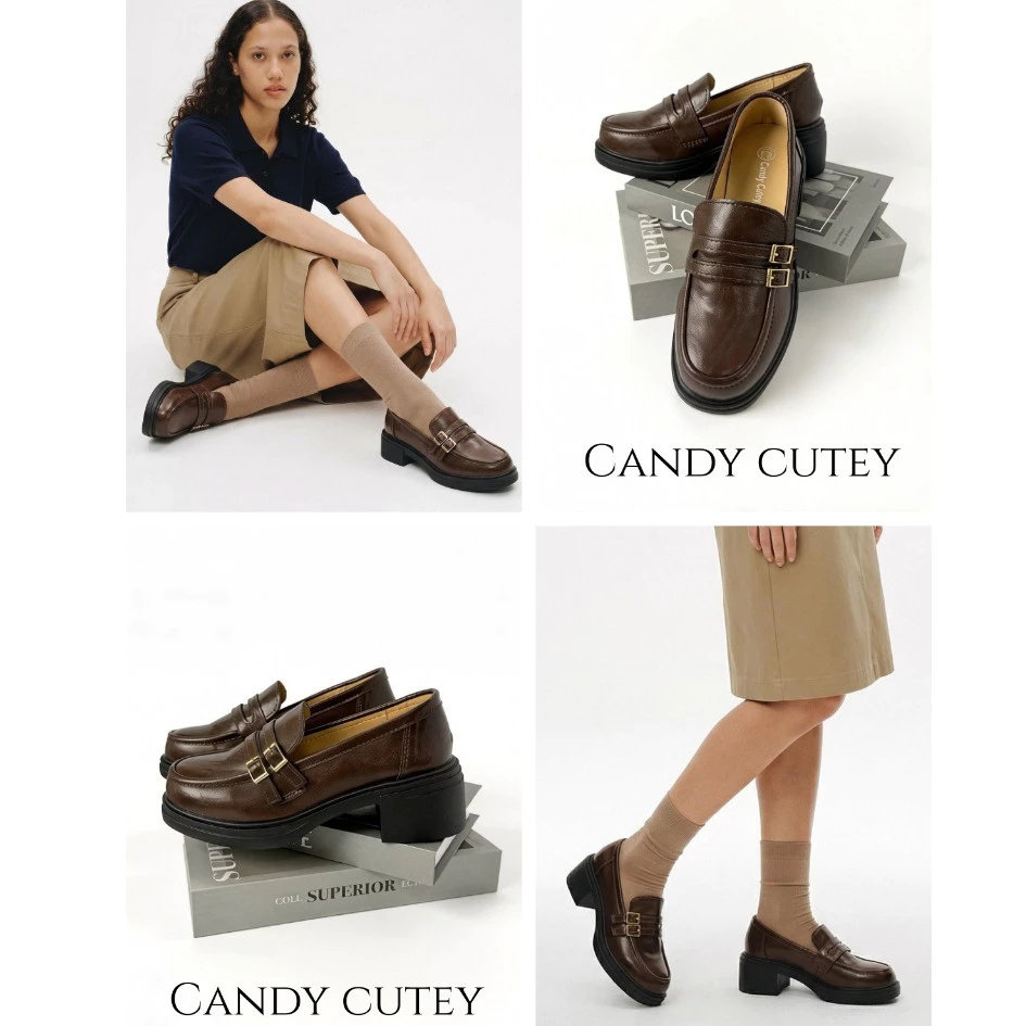 Candy Cutey รองเท้าโลฟเฟอร์เสริมส้น ทรงสวยคลาสสิก ดีไซน์เรียบหรูสไตล์วินเทจ โดดเด่นด้วยสายรัดหน้าเท้าพร้อมบัคเคิลสีทองเ