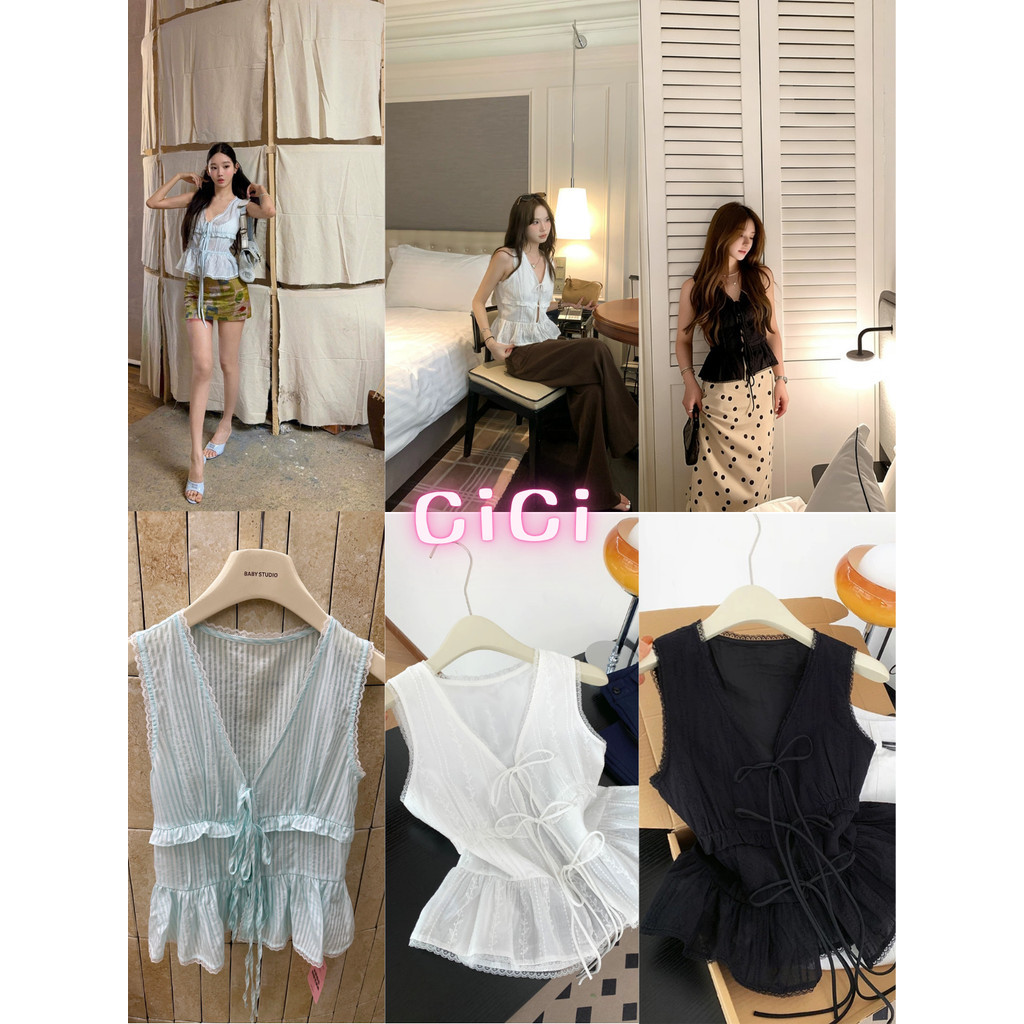 ส่งทันทีCici (No. Y6536) เสื้อคอวีแขนกุด ผูกเชือกด้านหน้า แต่งระบายลูกไม้ เนื้อผ้าชีฟอง ใส่แล้วเบาสบาย สไตล์สาวคาเฟ่