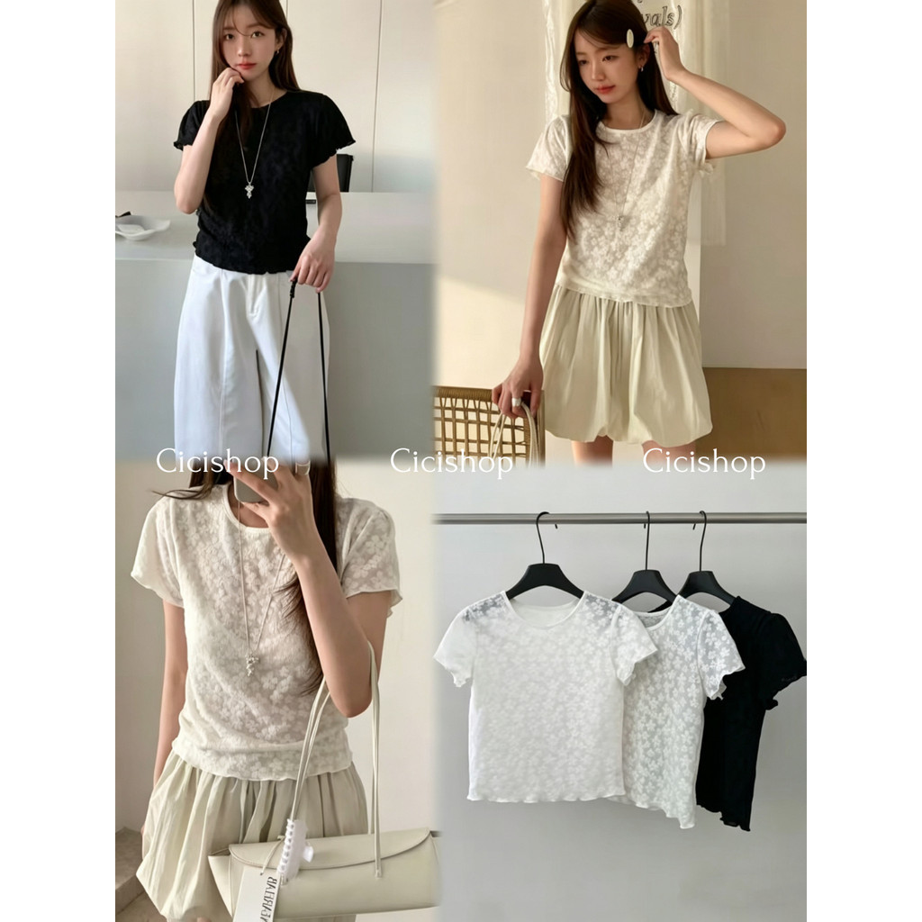 Cicishop (Y6552) เสื้อคอกลมแขนสั้นผ้าทอเส้นใยโพลีซีทรู ใส่สบายไม่คัน แฟชั่นสไตล์ใหม่