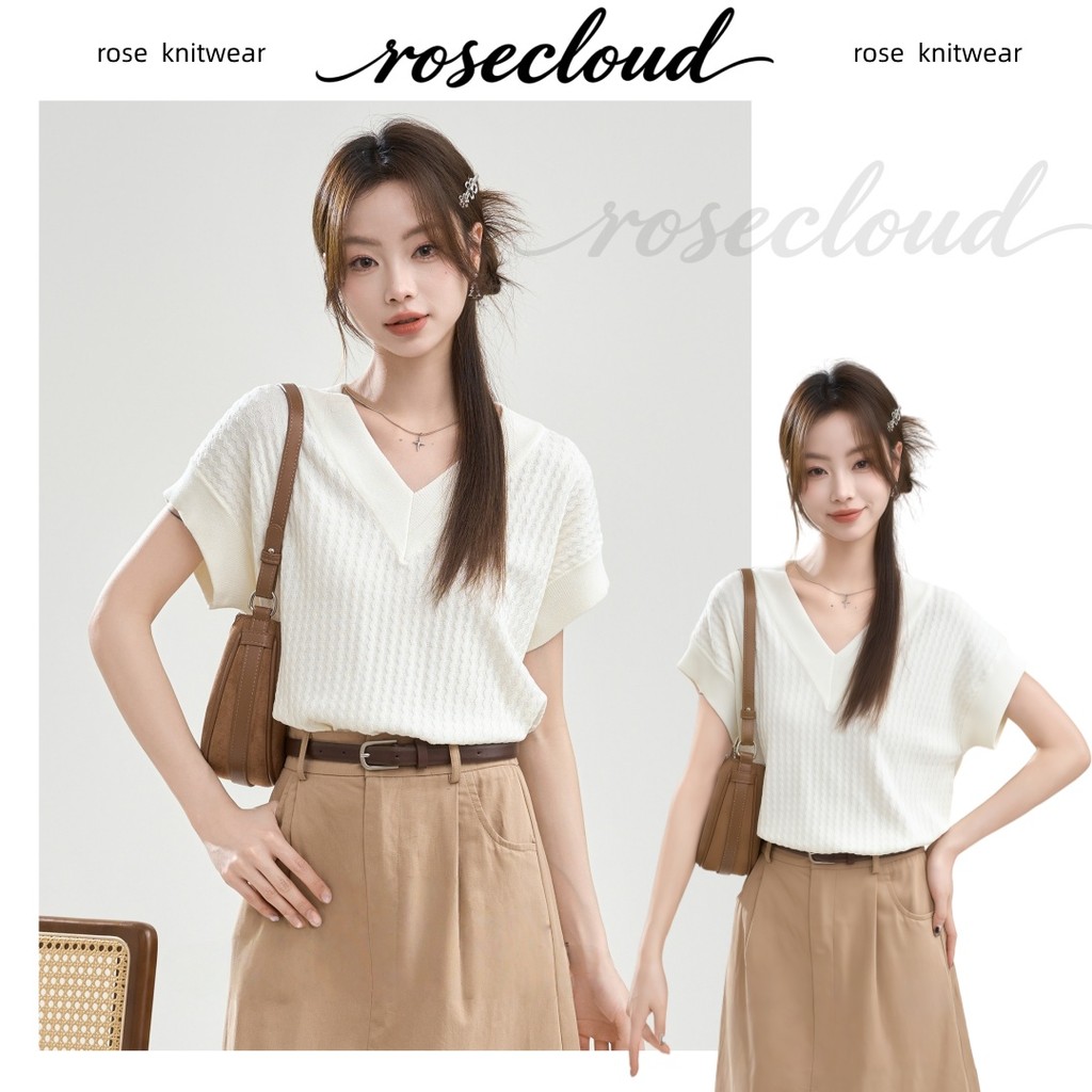 🌟rosecloud🌟สไตล์บางเบา ระบายอากาศได้ดี สำหรับฤดูร้อนเสื้อยืดผ้าไหมคอวีดีไซน์ใหม่ สไตล์เกาหลี สีพื้น เนื้อผ้านุ่มสบาย ทรง