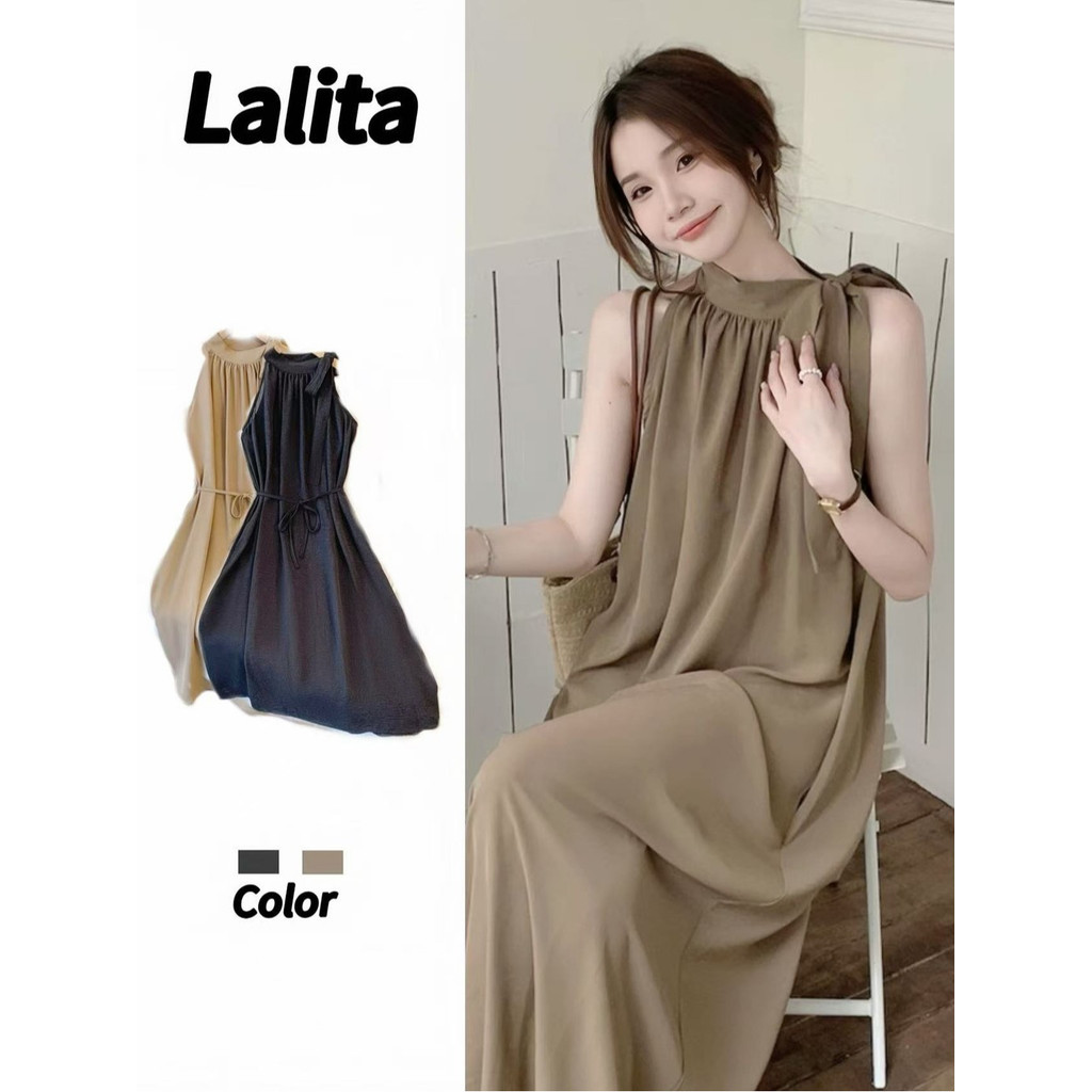 Lalita ชุดเดรสปาร์ตี้ สีทึบ สไตล์ลําลอง ชุดเดรสเกาหลีเรียบง่าย กระโปรงทรงเอเกาะอก