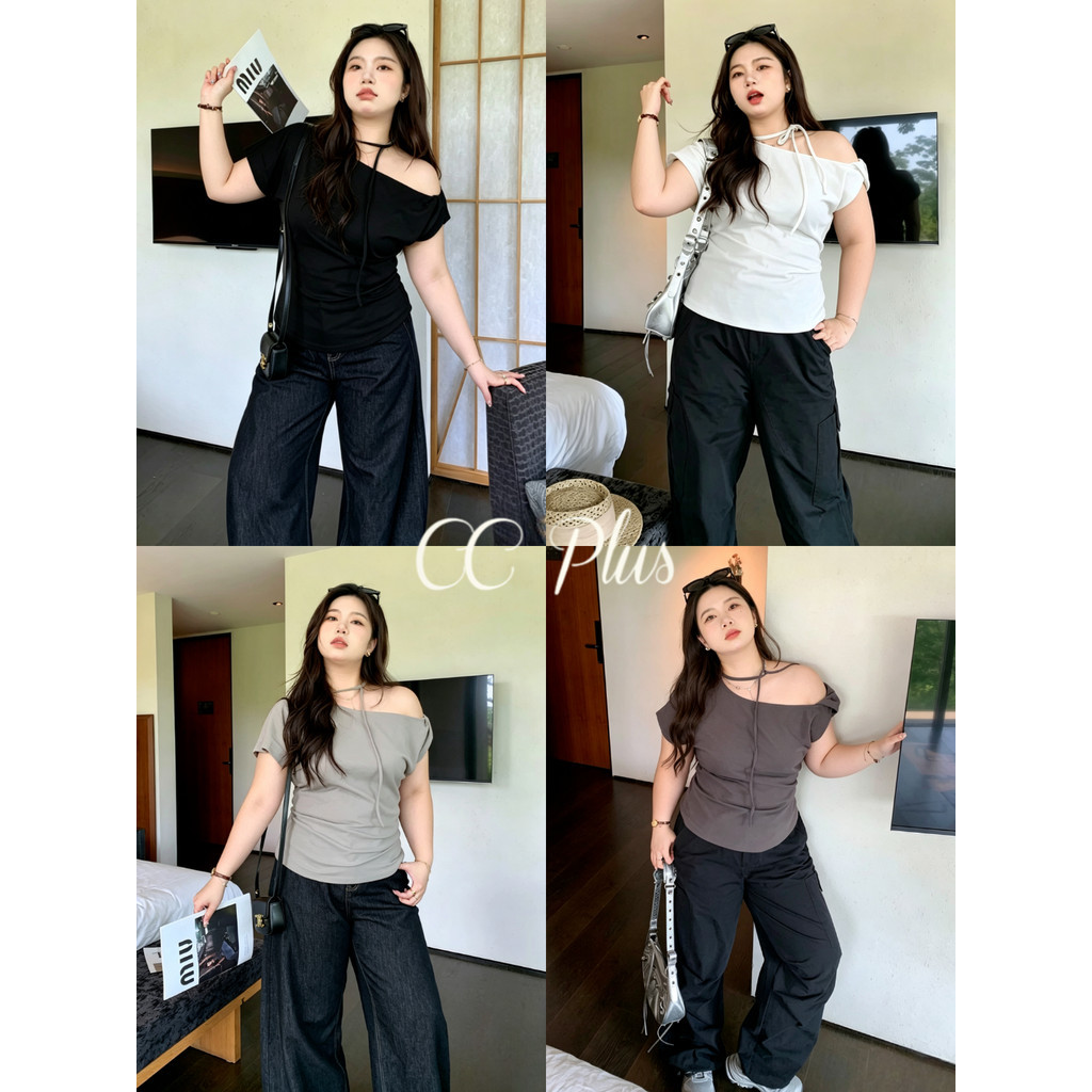 CiCi Plus+(J2565) เสื้อยืดแขนสั้นเปิดไหล่ สีพื้นใส่สบาย มีเชือกพันคอ เหมาะสำหรับสาวมินิมอลเท่ๆ สไตล์สาวพลัสไซส์