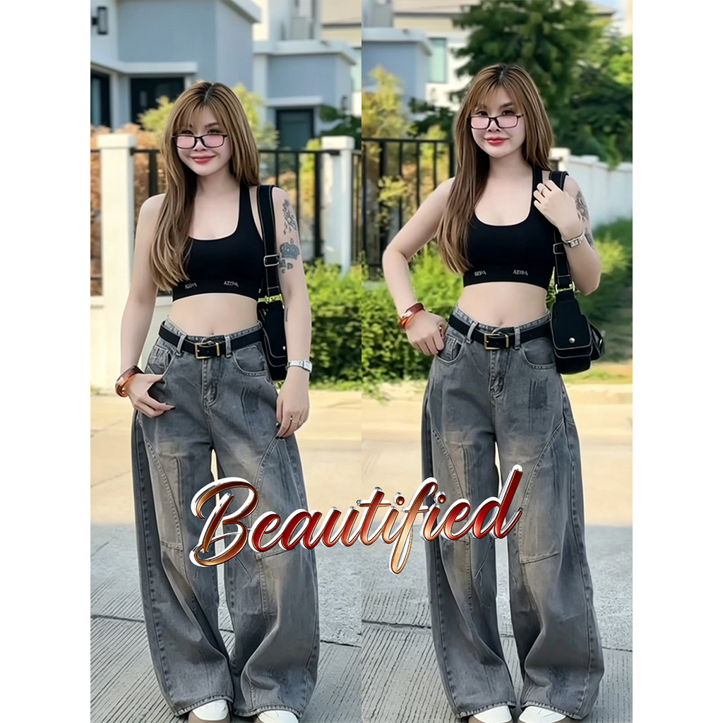 Beautified กางเกงยีนส์อเมริกันวินเทจ สีย้อมสกปรกเก่า กระบอกโค้ง หลวม สไตล์นอกกระแส ดีคอนสตรัค ขากว้าง S-5XL 6664