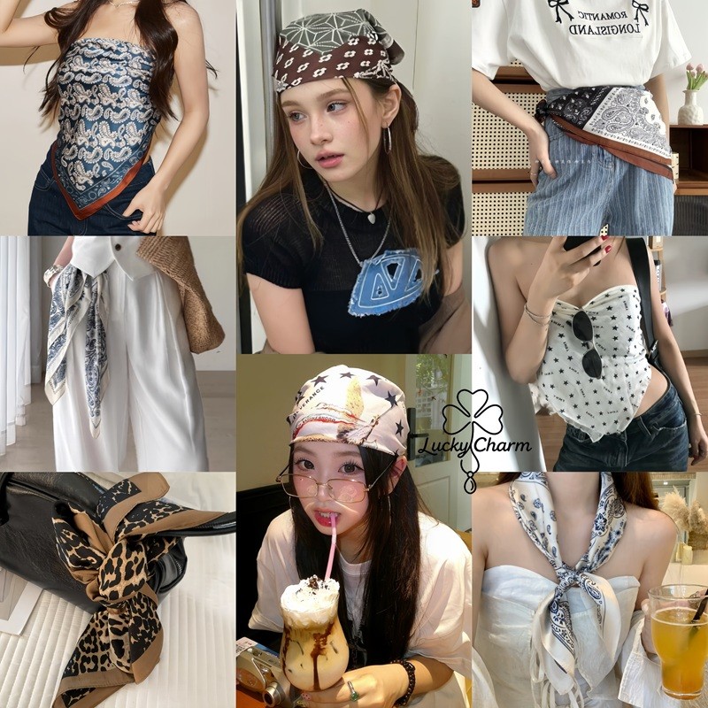 ผ้าโพกผม ผ้าพันคอ ลายดาว ลายเสือดาว ลายย้อนยุค y2k แฟชั่น ins ใช้ได้หลายแบบ สำหรับผู้หญิง COD