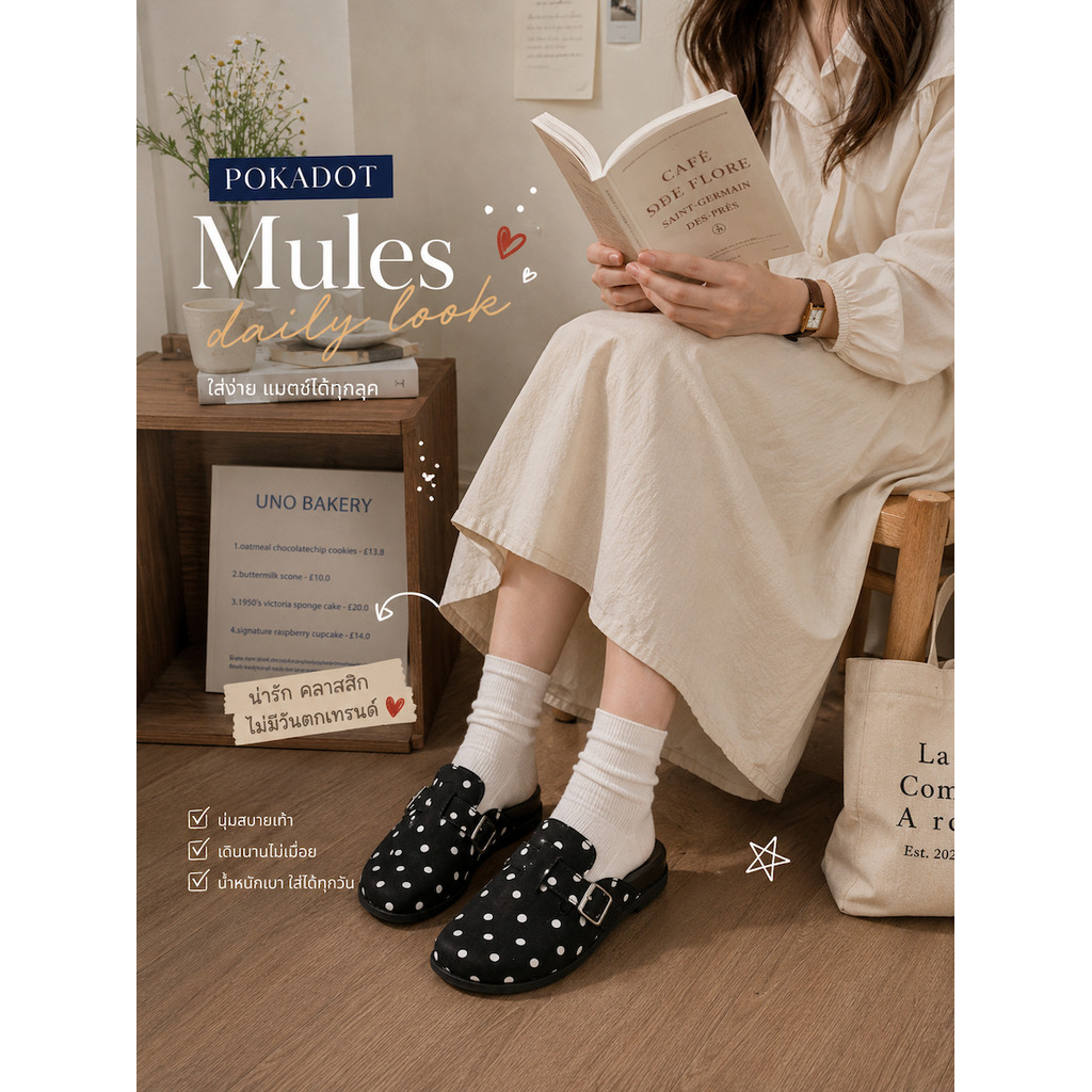 รองเท้า Mules ลาย Polka Dot รองเท้าแตะหัวปิด สไตล์เกาหลี ใส่สบาย GOODDY