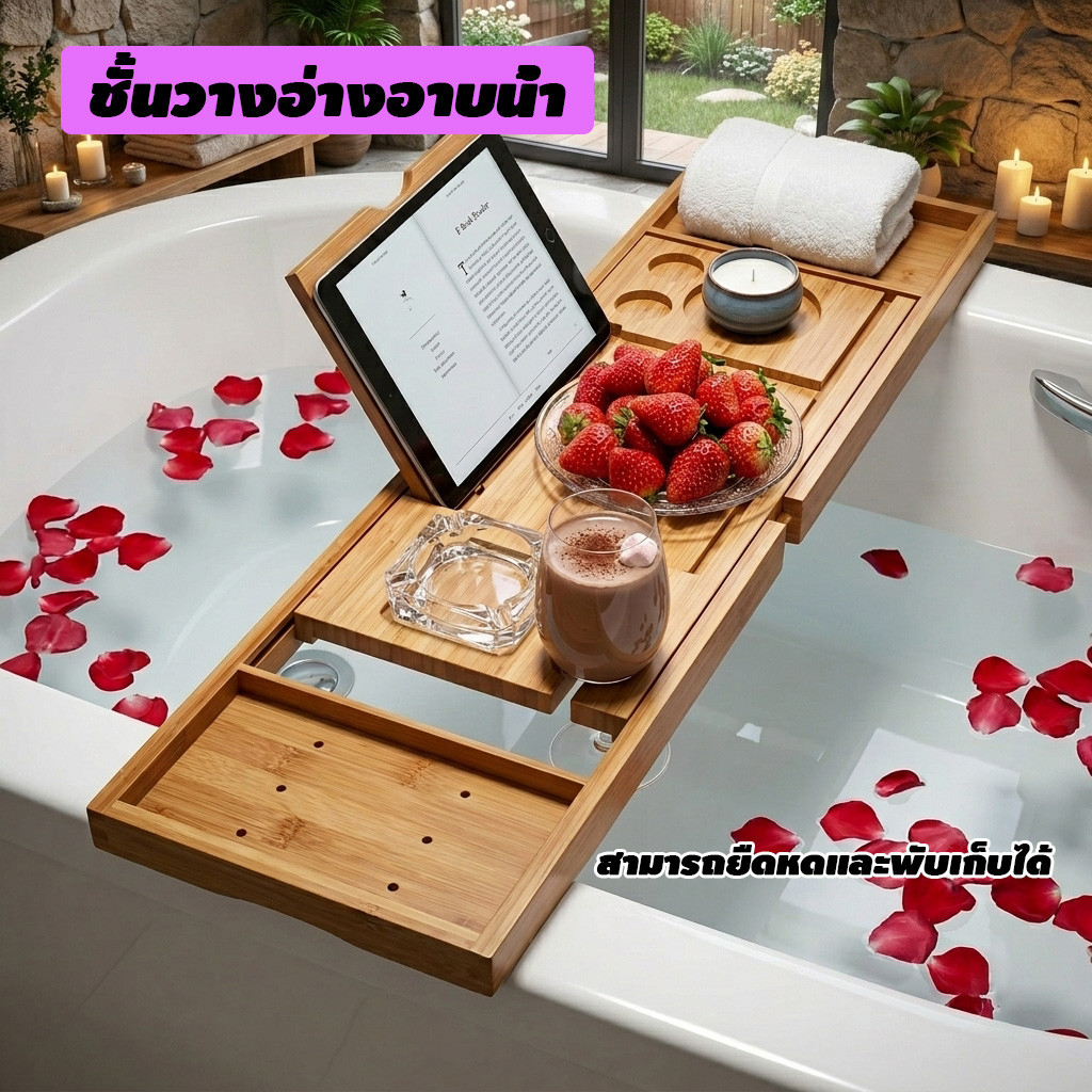 ชั้นวางอ่างอาบน้ำ ยืดหดได้ ถาดวางของในอ่างน้ำ แข็งแรงทนทาน ไม่สะสมน้ำ มินิมอล พับได้