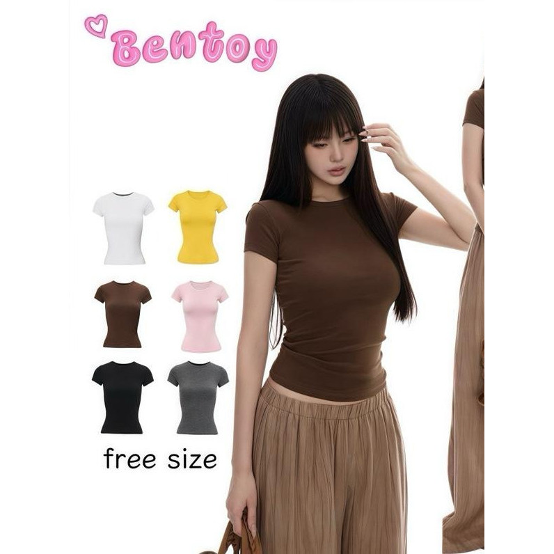Bentoy(Q1001） เสื้อคอกลมครอปแขนสั้น ผ้าร่อง เรียบๆ สีพื้นรัดรูป เสื้อยืดผู้หญิง ผ้านุ่มใส่สบาย