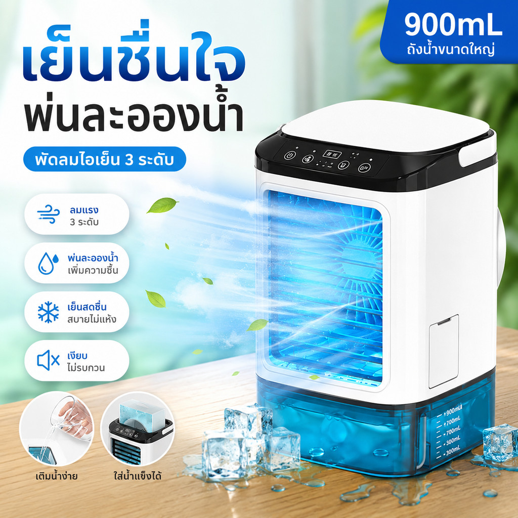 ❄️หนาวจนบินขึ้น❄️900ML แอร์พกพา พัดลมไอเย็น ทำเย็นเพิ่มความชื้น ไฟหลากเจ็ดสี ปรับแรงลมได้ 3 ระดับ