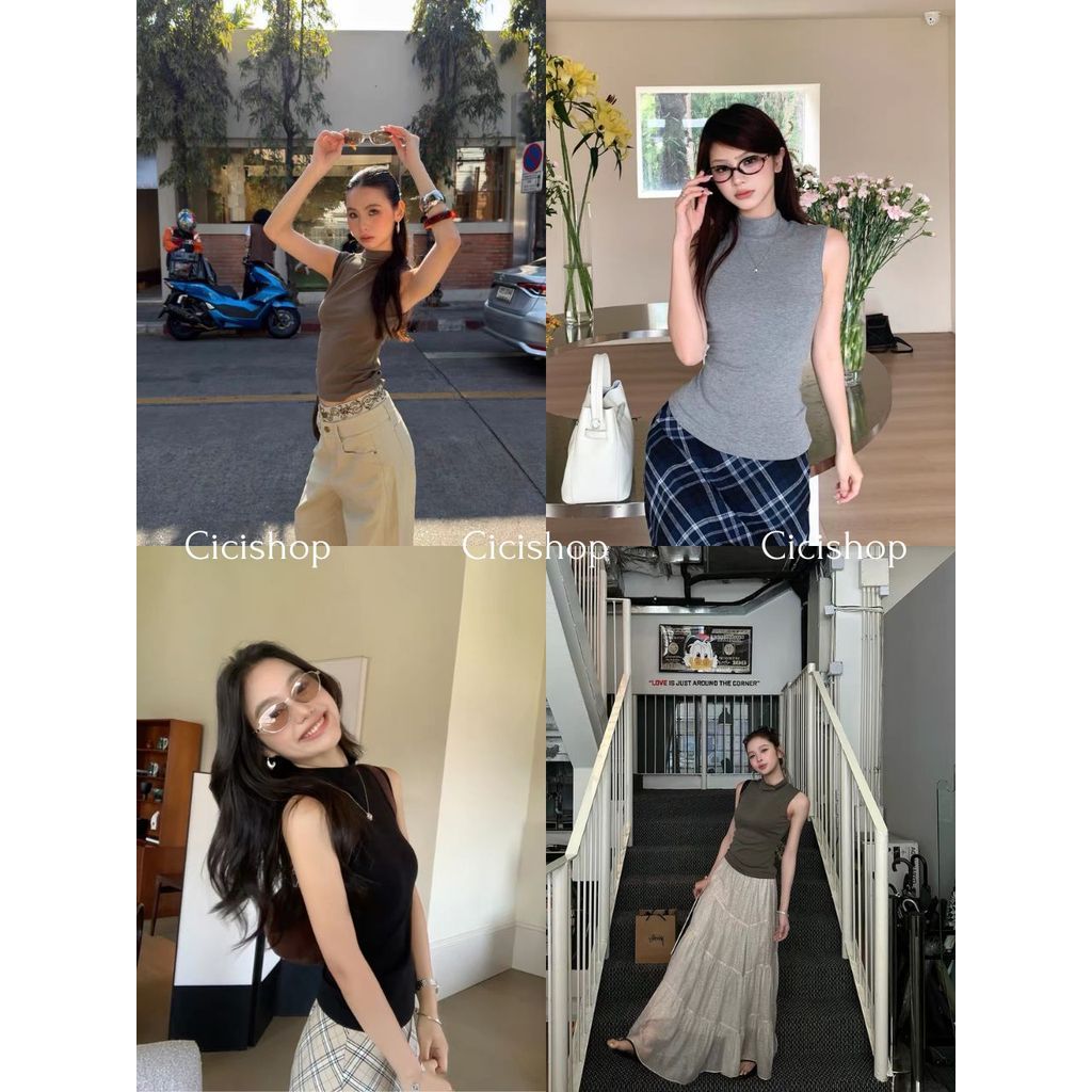 Cicishop(W9668) เสื้อกล้ามคอเต่าแขนกุด สไตล์มินิมอล เรียบหรูดูแพง ลุคคุณหนู แมตช์ง่ายใส่ได้ทุกวัน