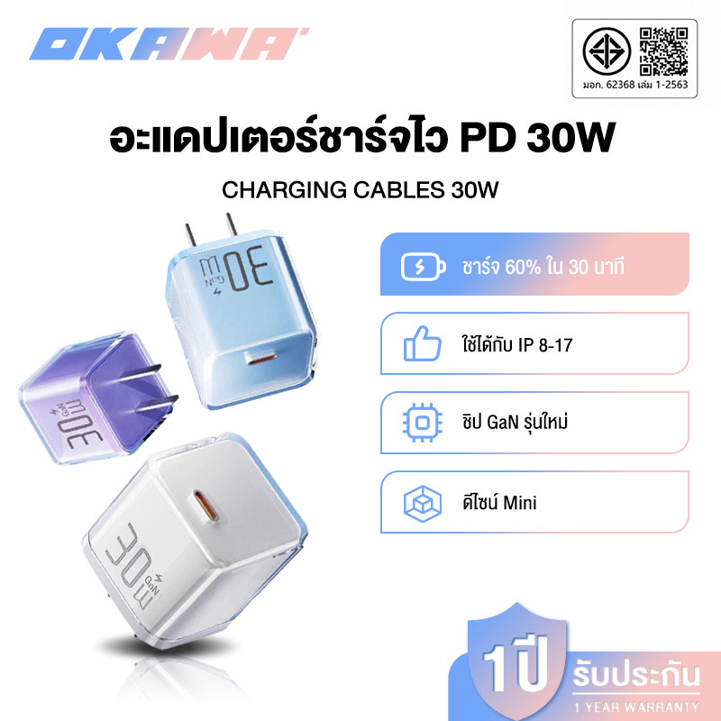 [ชาร์จเร็ว ไม่ร้อน] OKAWA ชุดหัวชาร์จและสายชาร์จ Mini GaN 45W Charger Adapter USB C Quick Fast Charger สําหรับ  lP8-17