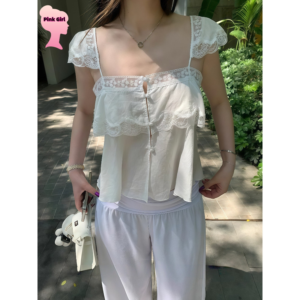 Pink girl Jan ผ้านุ่ม ทรงหลวม แต่งลูกไม้ สีขาว เสื้อสายเดี่ยว ใส่ง่าย ฮอตฮิตสุดๆ เสื้อผ้าผู้หญิง'FY2946