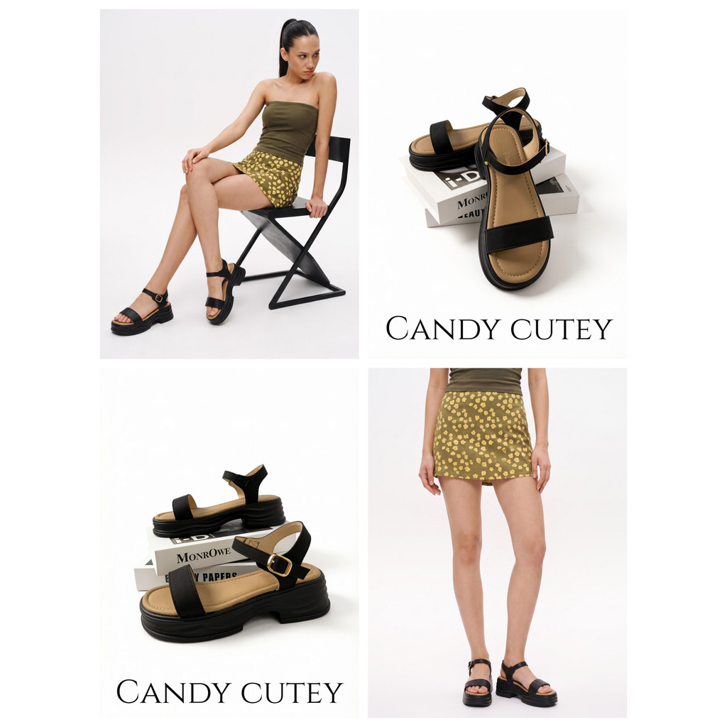 Candy Cutey รองเท้าแตะส้นหนาเรียบง่าย พื้นรองเท้านุ่มสบายเท้า เดินทั้งวันไม่ปวดเท้า สไตล์อเนกประสงค์ใส่ได้ทุกชุด