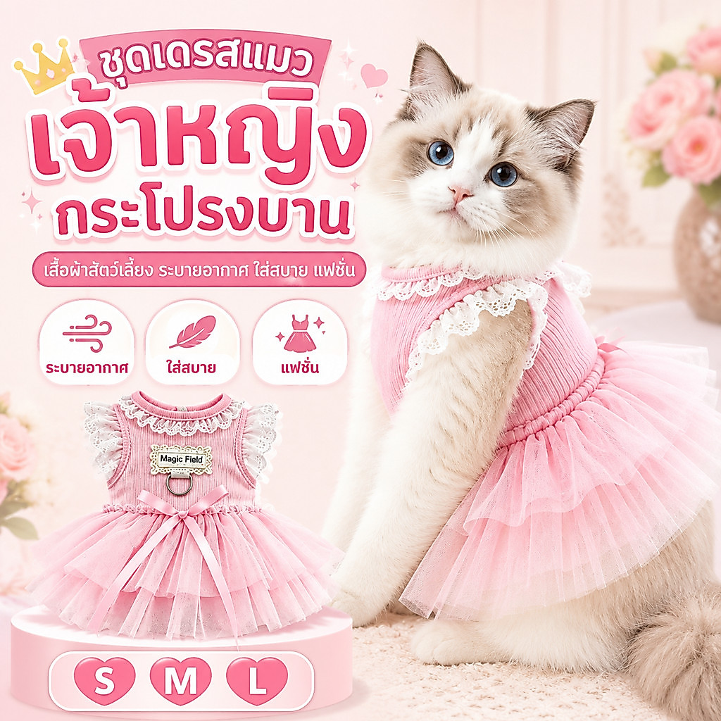 cozy pet world ชุดเดรสแมว เจ้าหญิง กระโปรงบาน เสื้อผ้าสัตว์เลี้ยง ระบายอากาศ ใส่สบาย แฟชั่น S M L