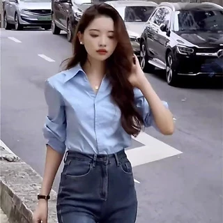 ชุดเสื้อเชิ้ตแขนยาวคอโปโลหรูหราสไตล์เกาหลีสำหรับผู้หญิง ฤดูใบไม้ร่วงใหม่ เรียบง่าย ใช้งานได้หลากหลาย สีดำ