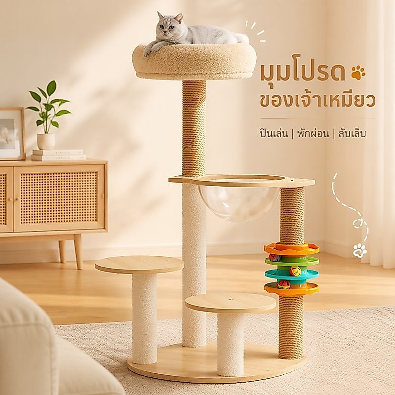 คอนโดแมว ไม้ หลายชั้น เสาลับเล็บ ป่านศรนารายณ์ ของเล่นลูกบอล ฐานมั่นคง สำหรับแมวหลายตัว