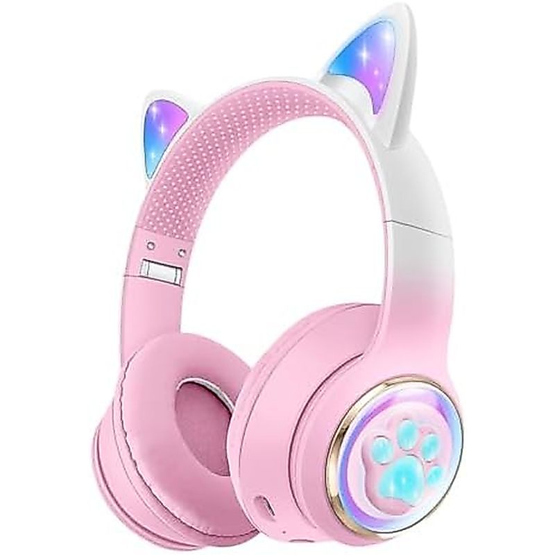 หูฟังหูแมวสําหรับเด็ก & ผู้ใหญ่ ไฟ RGB 5.3 ไร้สายพับได้ & หูฟังครอบหูมัลติฟังก์ชั่นแบบมีสายพร้อมไมโค