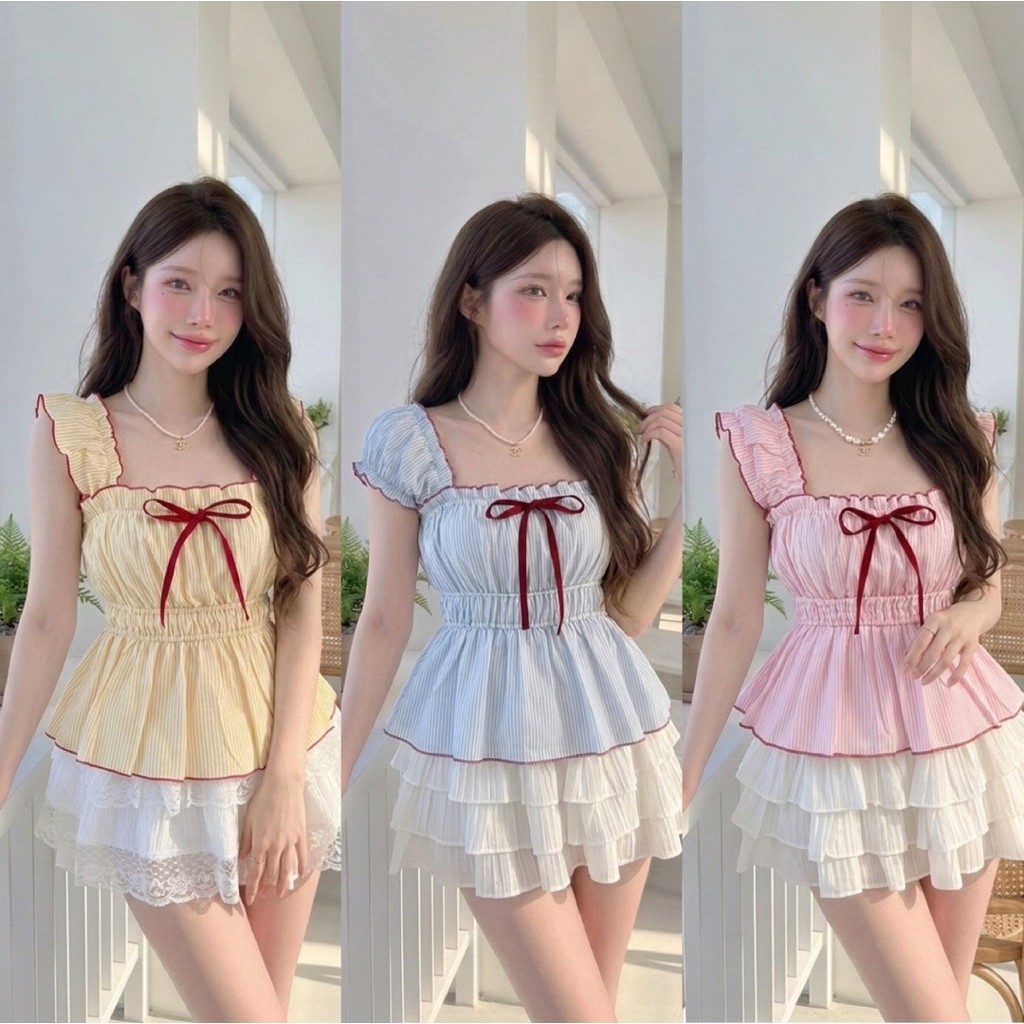 (อก30-44) เสื้อแขนตุ๊กตาลายริ้วโบว์แดง สาวอวบใส่ได้ Sweet Ribbon Ruffle Top