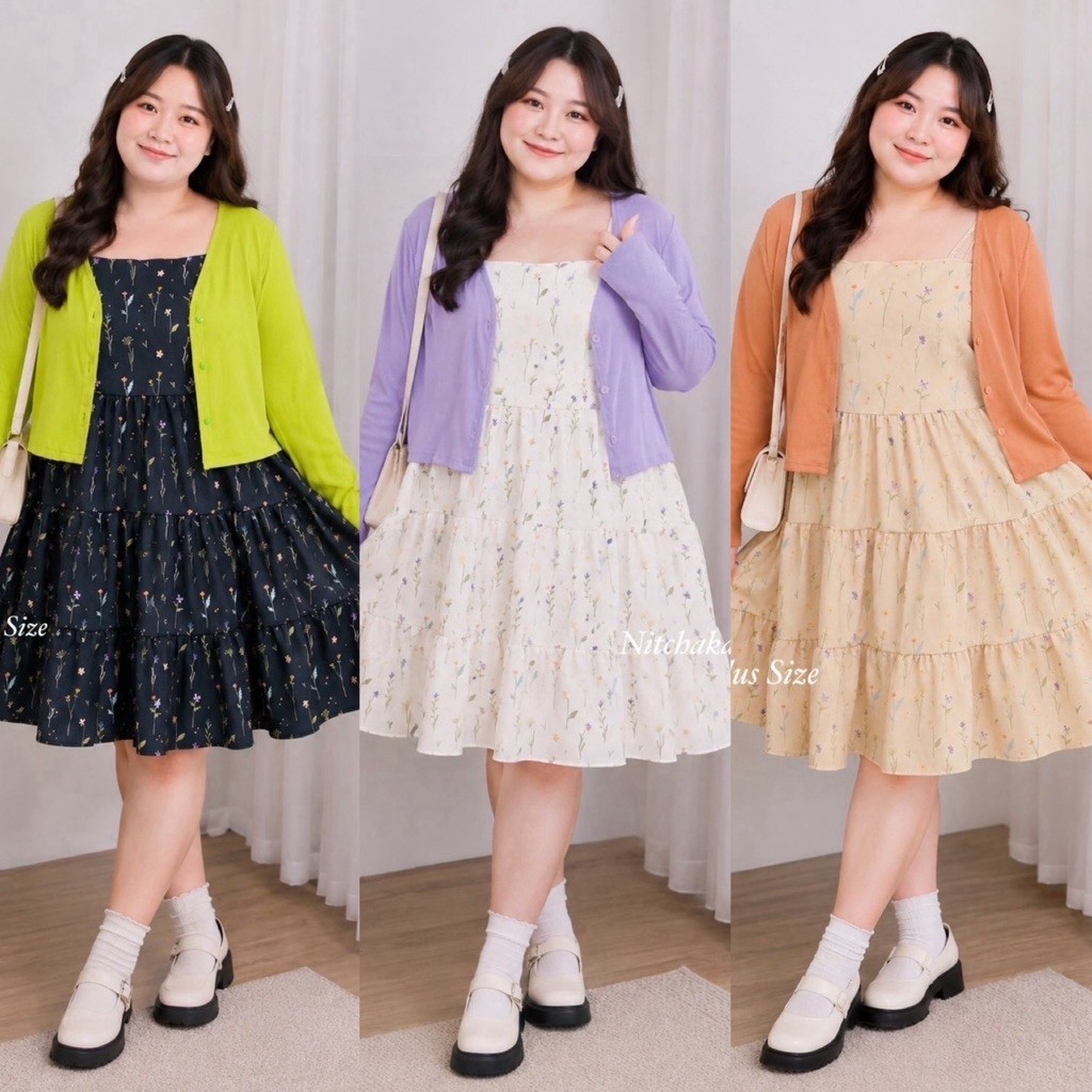 (NK) เซต เดรสสายเดี่ยวลายดอกไม้+เสื้อคลุมแขนยาว น่ารัก ขับผิว แยกใส่ได้ เสื้อผ้าสาวอวบอ้วน พลัสไซส์ ไซส์ใหญ่