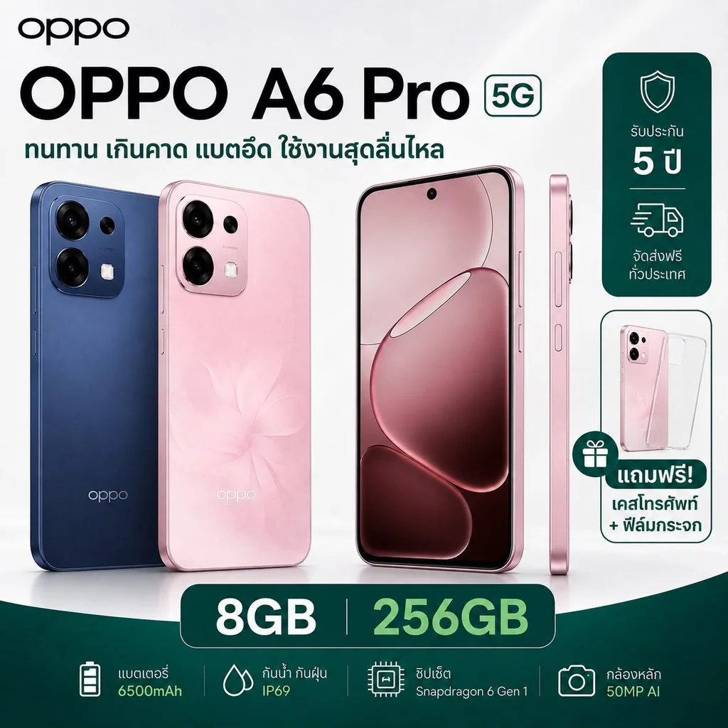 OPPO A6 Pro 5G 8GB+256GB | แบตเตอรี่ 6500mAh | หน้าจอ 6.57” AMOLED 120Hz | สมาร์ทโฟน