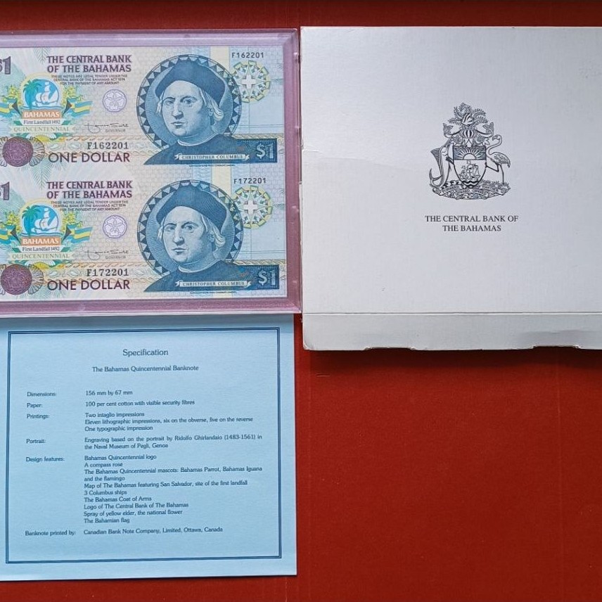 Bahamas Dollar Uncut 2 Note Sheet 1992
