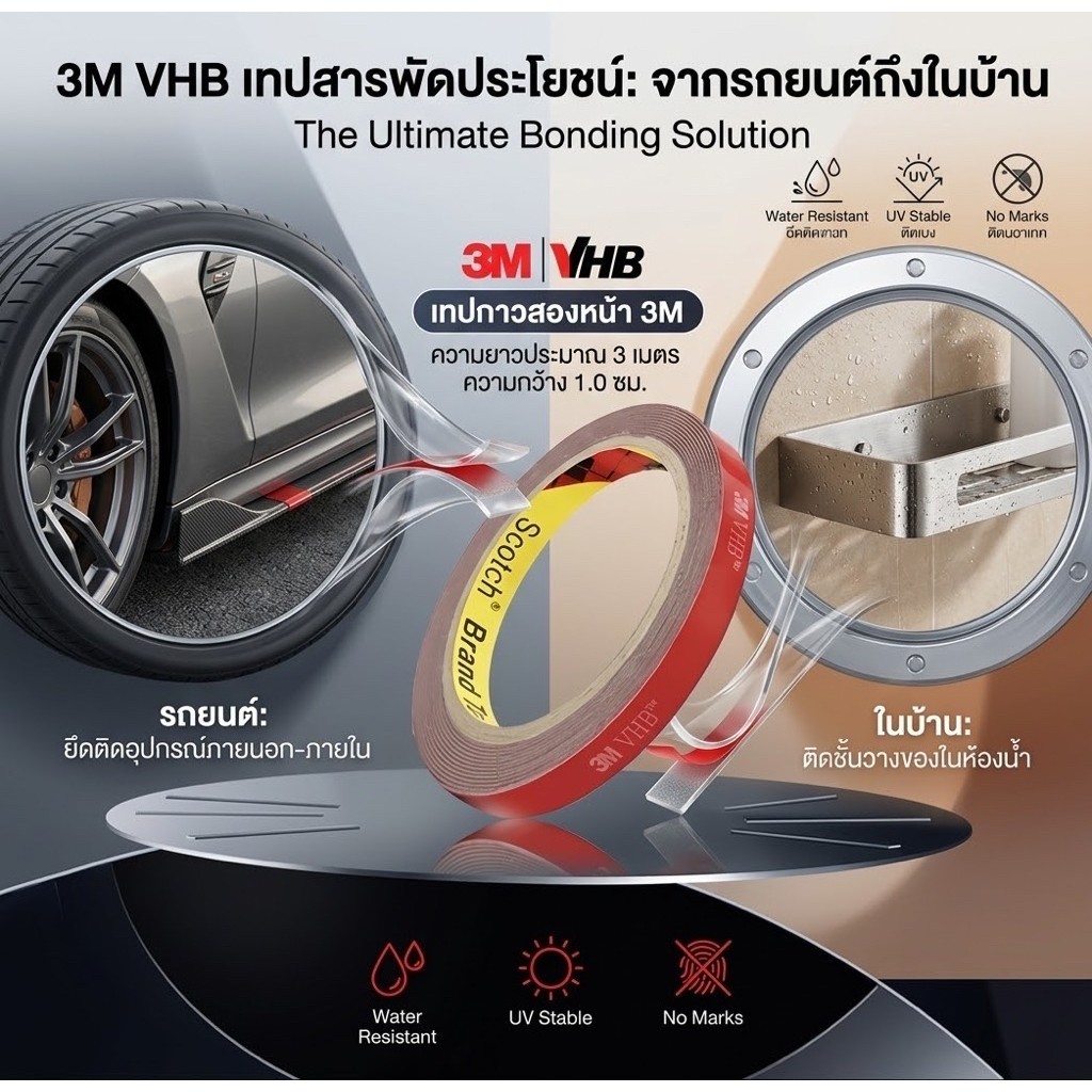 เทปกาวสองหน้า 3M VHB แบบใส 10mm x 3mm ใช้ได้กับรถยนต์